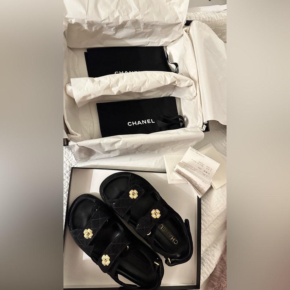 Chanel Black Quilted Sandals with Gold CC Accents